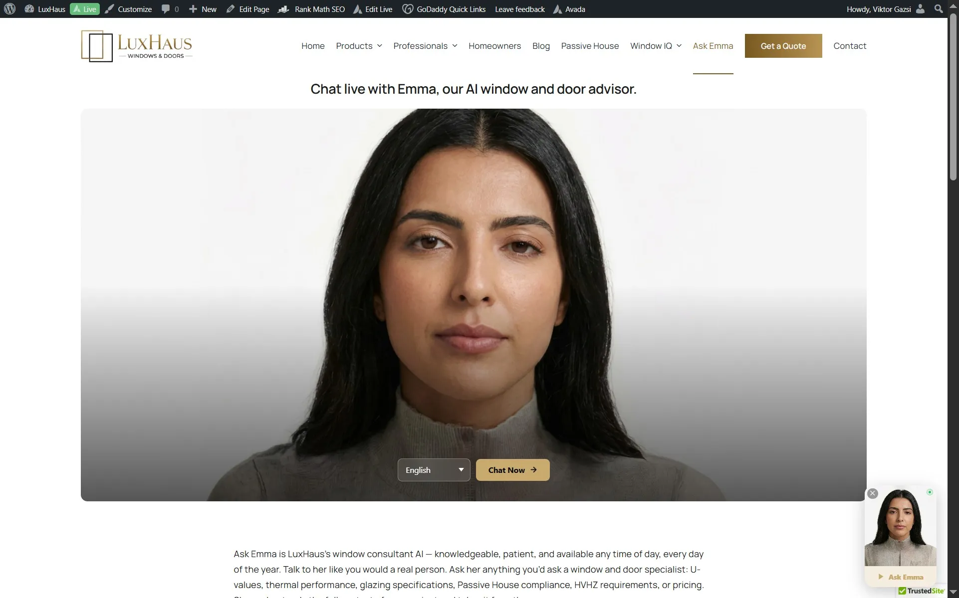 Ask Emma page with the AI avatar