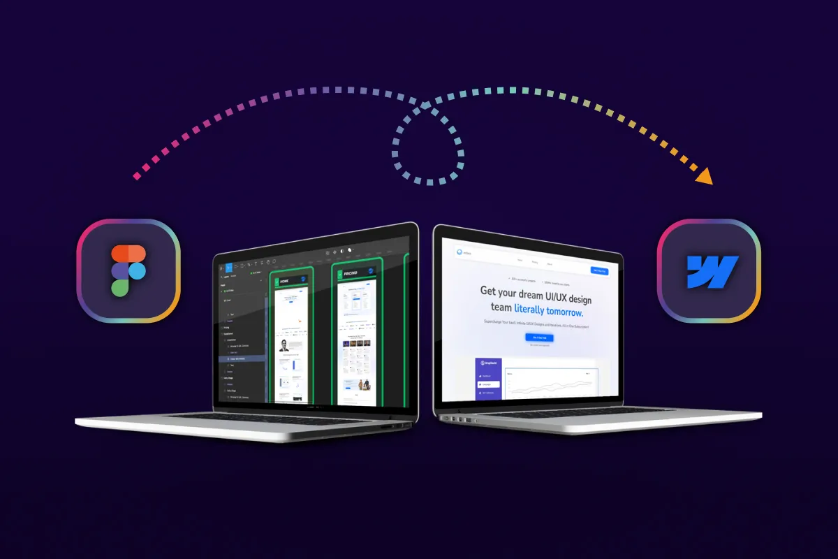 graphic representation of a screen and the Figma and Webflow logos