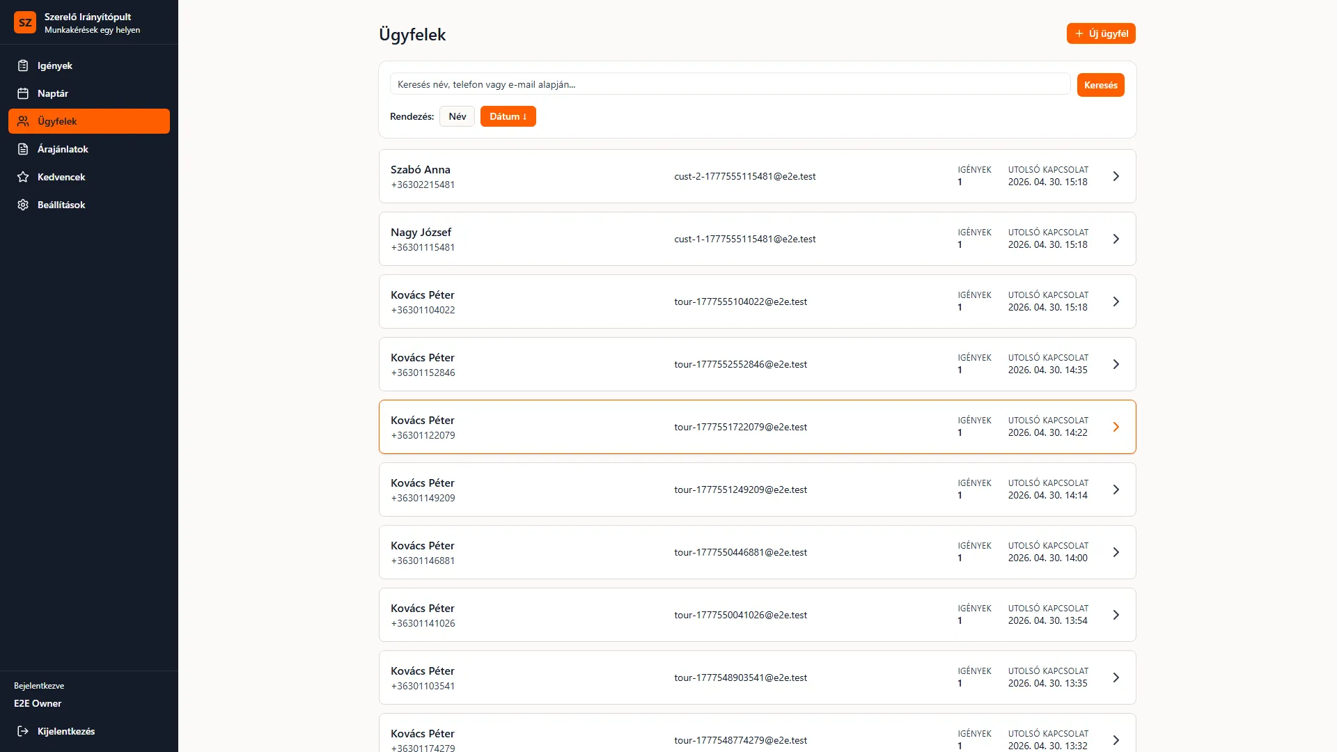 Customer list with contact info and history