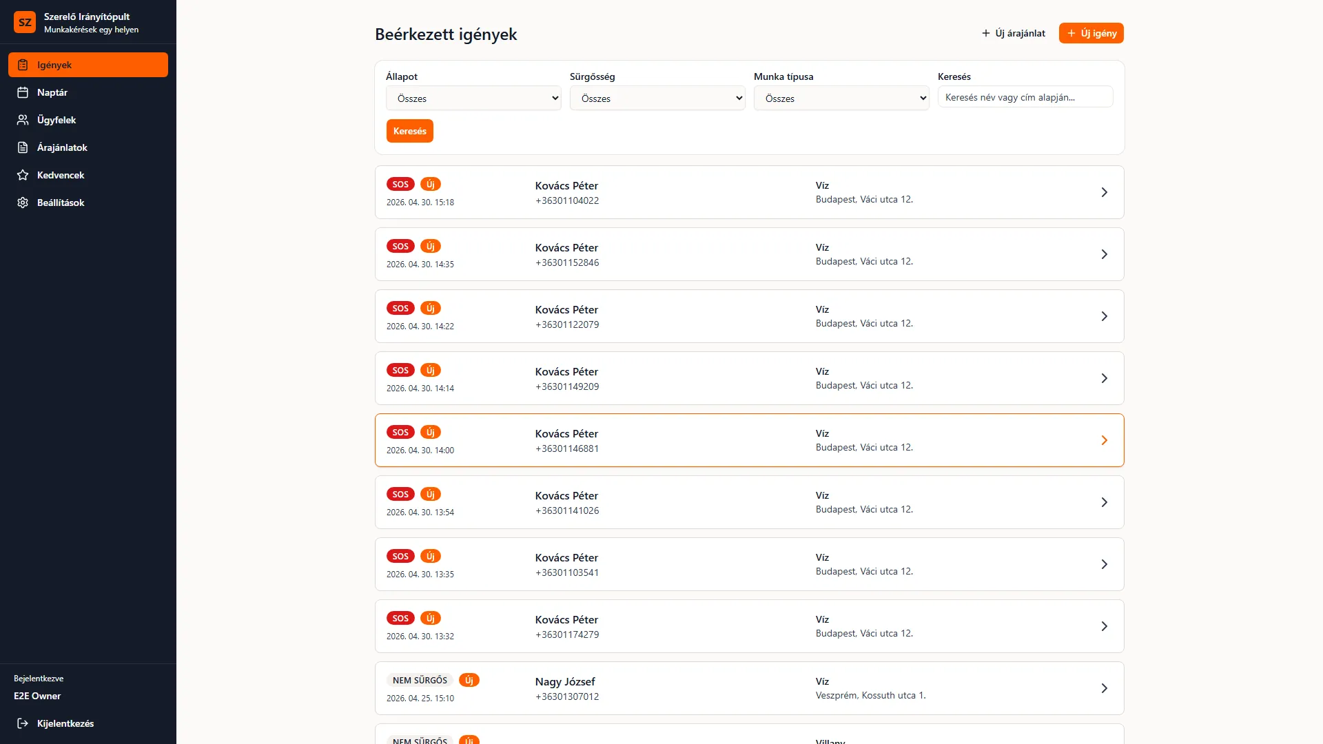 Handyman Dashboard incoming requests list
