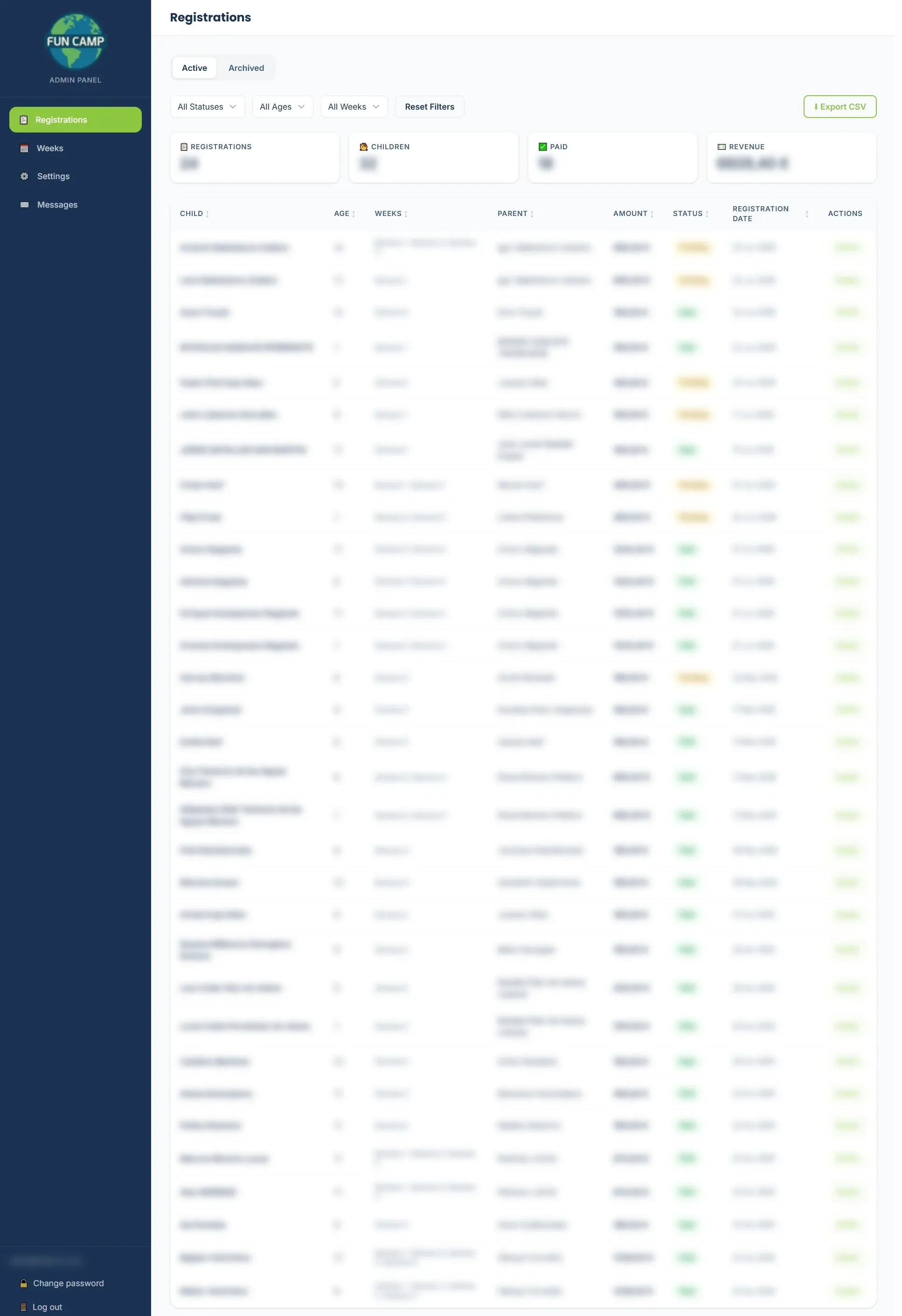 Admin dashboard — registrations overview