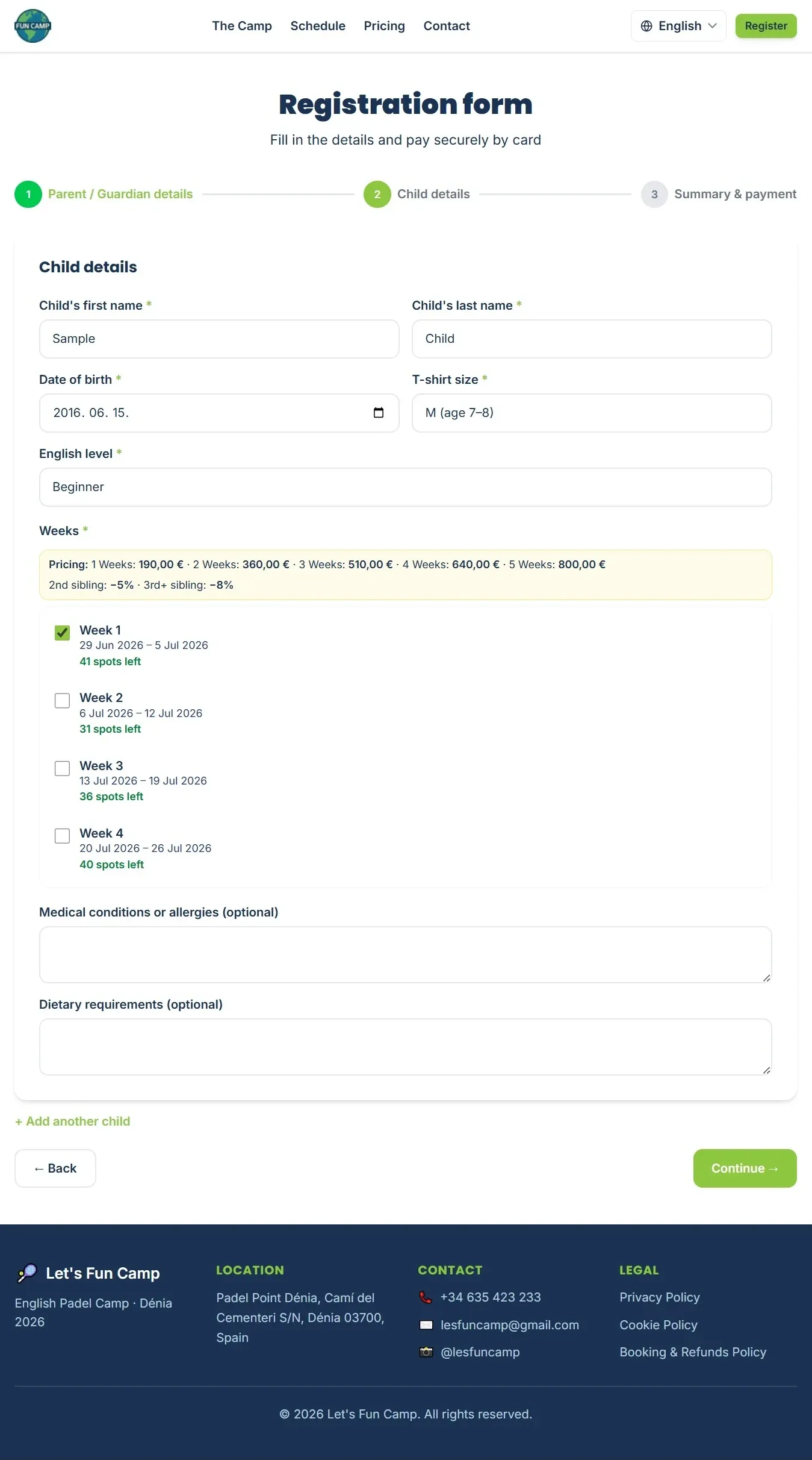 Registration — child details and week selection