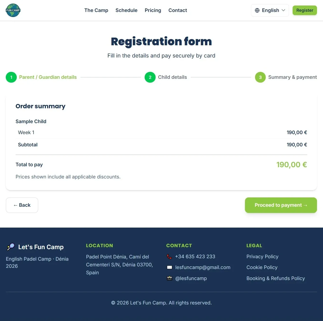 Registration — order summary and secure payment