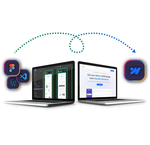 laptopok Figma és Webflow képernyőfotókkal