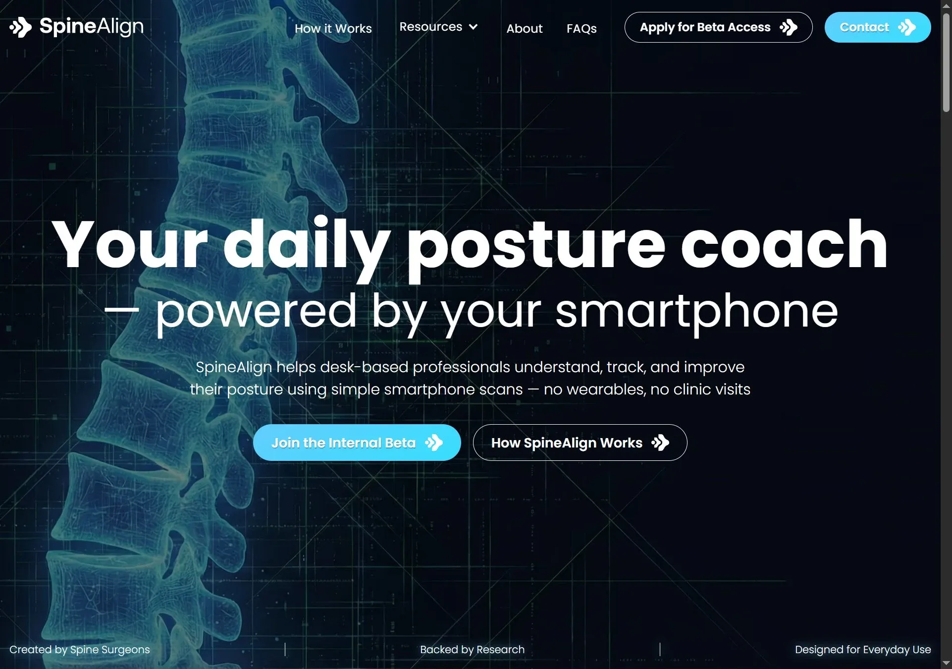 SpineAlign marketing home — smartphone posture coach