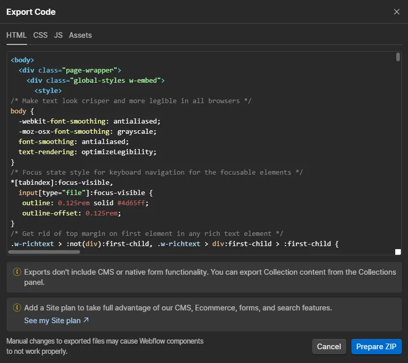 screenshot of Webflow website code export