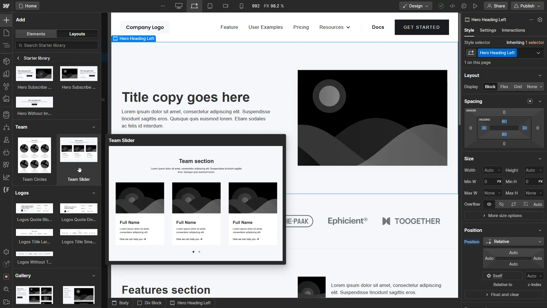 screenshot of Webflow template layouts