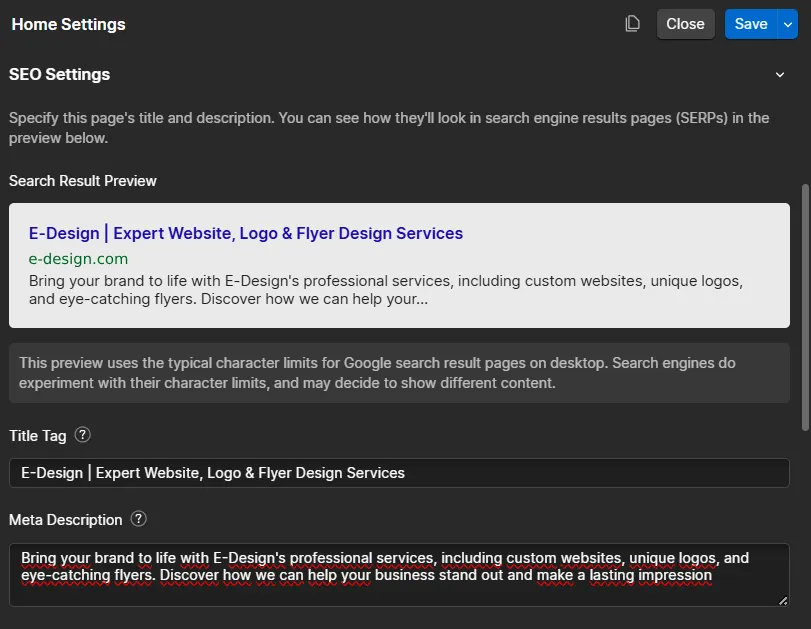 Screenshot of Webflow website SEO setup